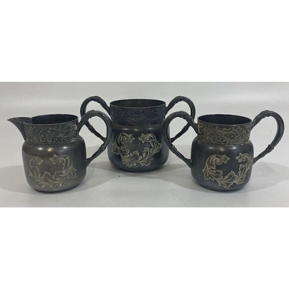Antique Connecticut Silver Co Triple Silver Plate Etched 1920 Sugar Creamer Set - Picture 1 of 12